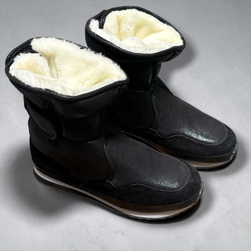 Womens Black Funky Monkey Shimmer Faux Fur Lined Snow Boots Hook and Loop